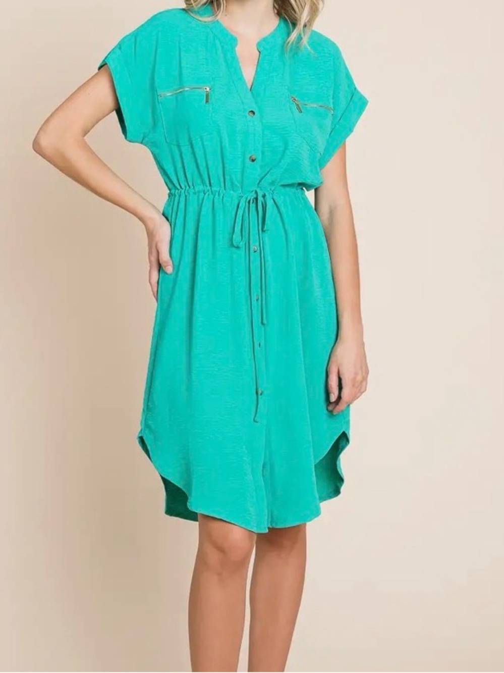 Green Button-Front Shirt Dress with Drawstring Waist